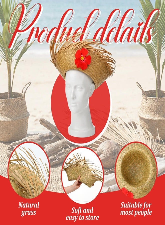Cuffbow 4 Pcs Hawaii Straw Hat Pava Hat Puerto Rico Hibiscus Beachcomber Panama Cap Hawaiian Luau Farmer Cap Sombrero Headwear for Summer Pool Party Props Accessories(Natural) - Image 3