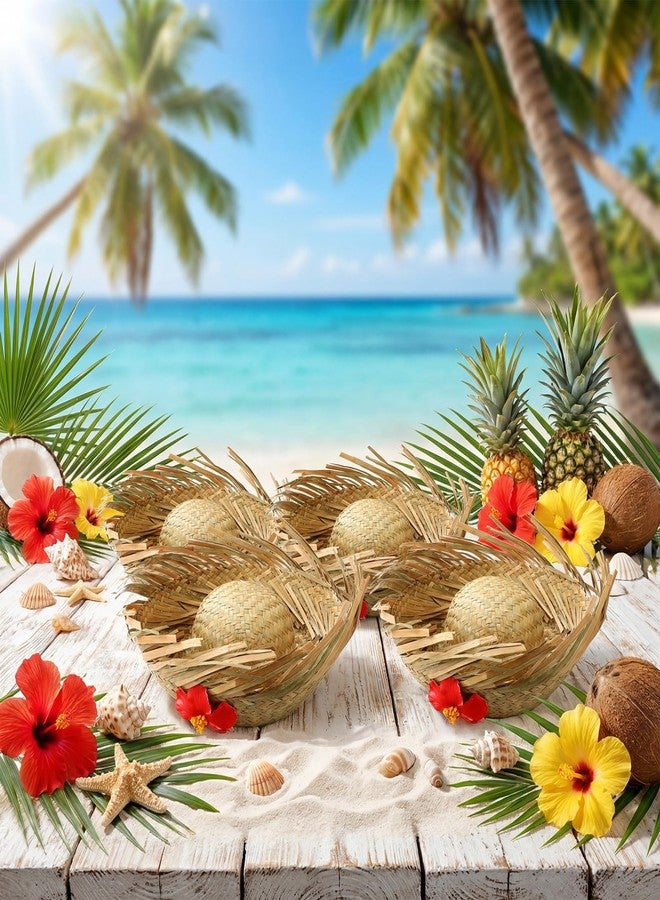 Cuffbow 4 Pcs Hawaii Straw Hat Pava Hat Puerto Rico Hibiscus Beachcomber Panama Cap Hawaiian Luau Farmer Cap Sombrero Headwear for Summer Pool Party Props Accessories(Natural) - Image 5
