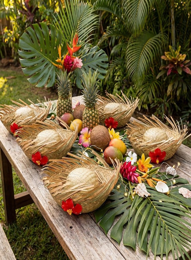 Cuffbow 4 Pcs Hawaii Straw Hat Pava Hat Puerto Rico Hibiscus Beachcomber Panama Cap Hawaiian Luau Farmer Cap Sombrero Headwear for Summer Pool Party Props Accessories(Natural) - Image 4