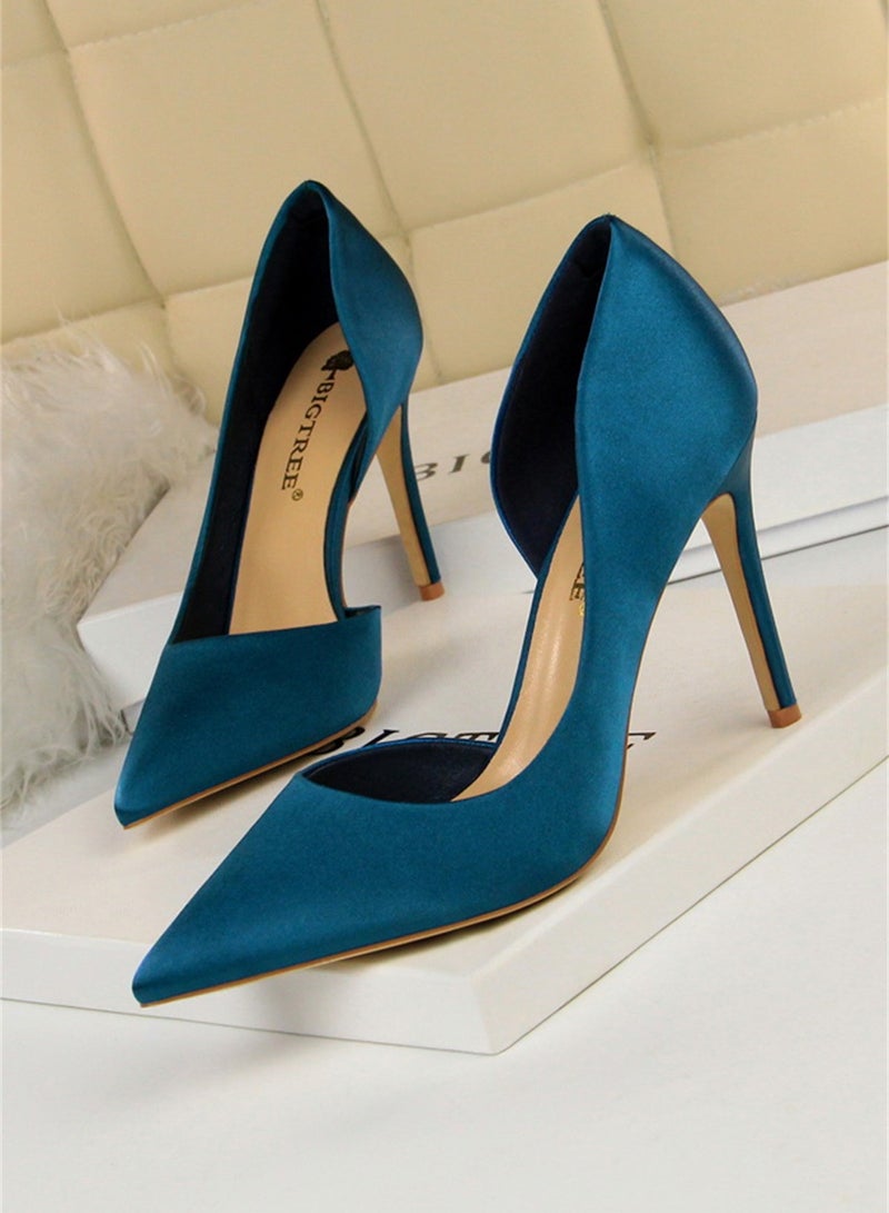 BIGTREE 9.5cm Stiletto Satin High Heels For Women With Shallow Mouth And Pointed Side Hollowing Out Blue  - Image 1
