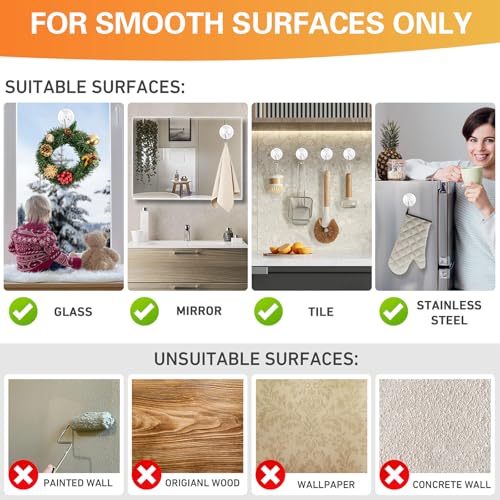 KORCCI Suction Cup Hooks 12Pack - Max Load 10LB, 1.77Inch Clear Medium Suction Cups, No Trace, Reusable & Removable, Stainless Steel Hooks, for Tile, Glass, Window, Shower, Kitchen, Bathroom - Image 4