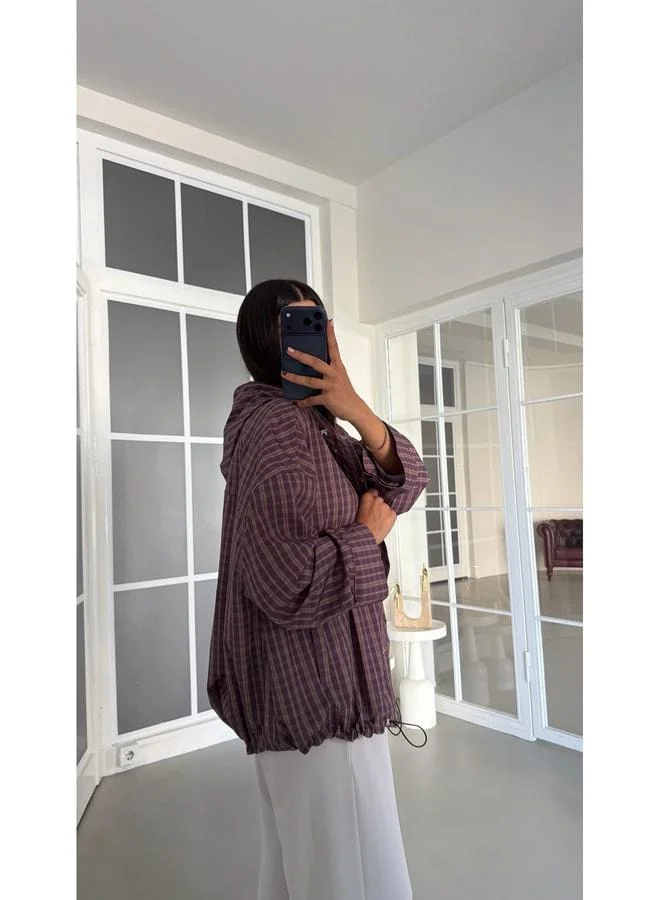 Gaus Purple Snap-Button Checkered Hooded Raincoat GAUS-02001.