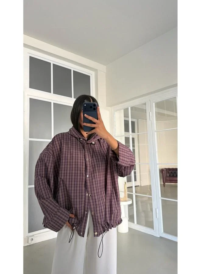 Gaus  Purple Snap-Button Checkered Hooded Raincoat GAUS-02001. for Women | Best Price UAE