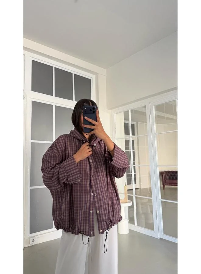 Gaus Purple Snap-Button Checkered Hooded Raincoat GAUS-02001.