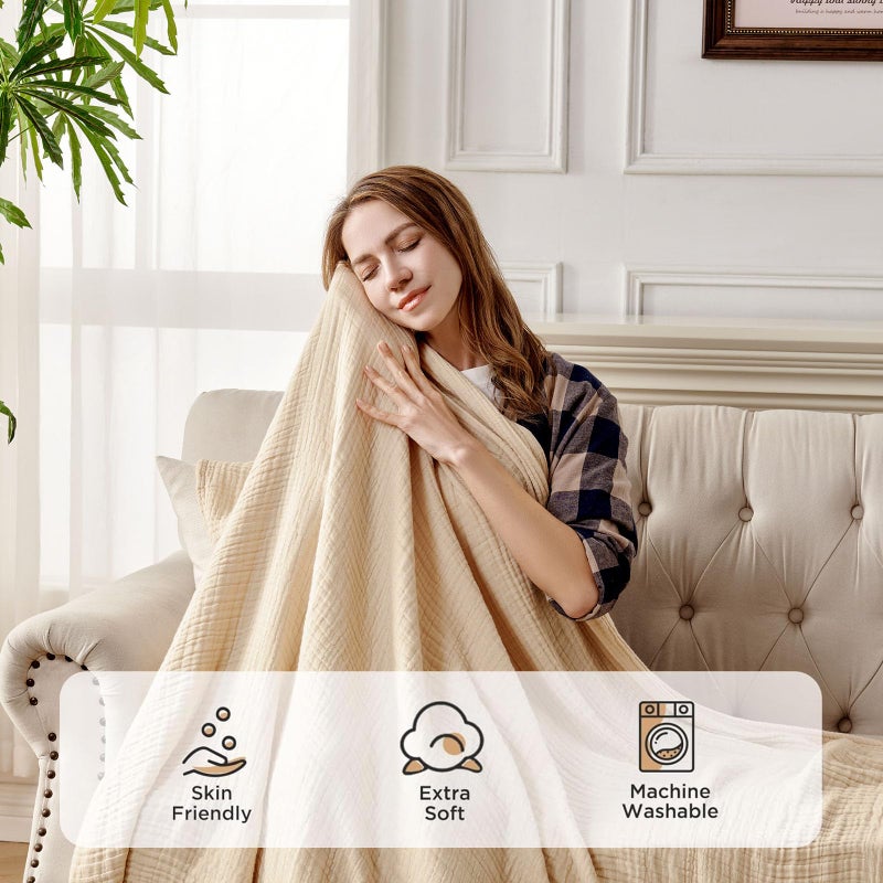 Joydeco 100% Cotton Muslin Throw Blanket for Couch Bed and Sofa, 4-Layer Lightweight and Breathable Soft Gauze Blanket for All Season, Luxury Throws Cotton Blanket Gift(Light Tan, 90"x90") - Image 4