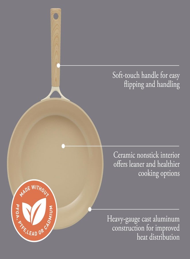 Gibson Elite Folkstone 10 Inch Heavy Duty Cast Aluminum Fry Pan Cookware Non-Toxic Premium Ceramic Non Stick Frying Pan, Kitchen Egg Pan, Omelet Pan, Linen White W/Wood Handle, Induction Safe - Image 3