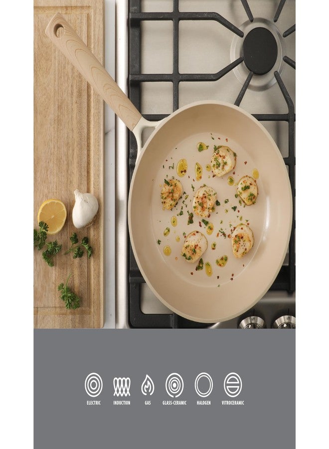 Gibson Elite Folkstone 10 Inch Heavy Duty Cast Aluminum Fry Pan Cookware Non-Toxic Premium Ceramic Non Stick Frying Pan, Kitchen Egg Pan, Omelet Pan, Linen White W/Wood Handle, Induction Safe - Image 4