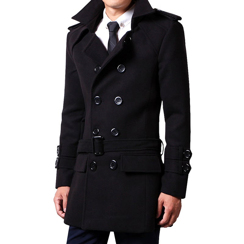 Mens Woolen Coat Mid-Length Plush Thickened 2023 Trendy Black
