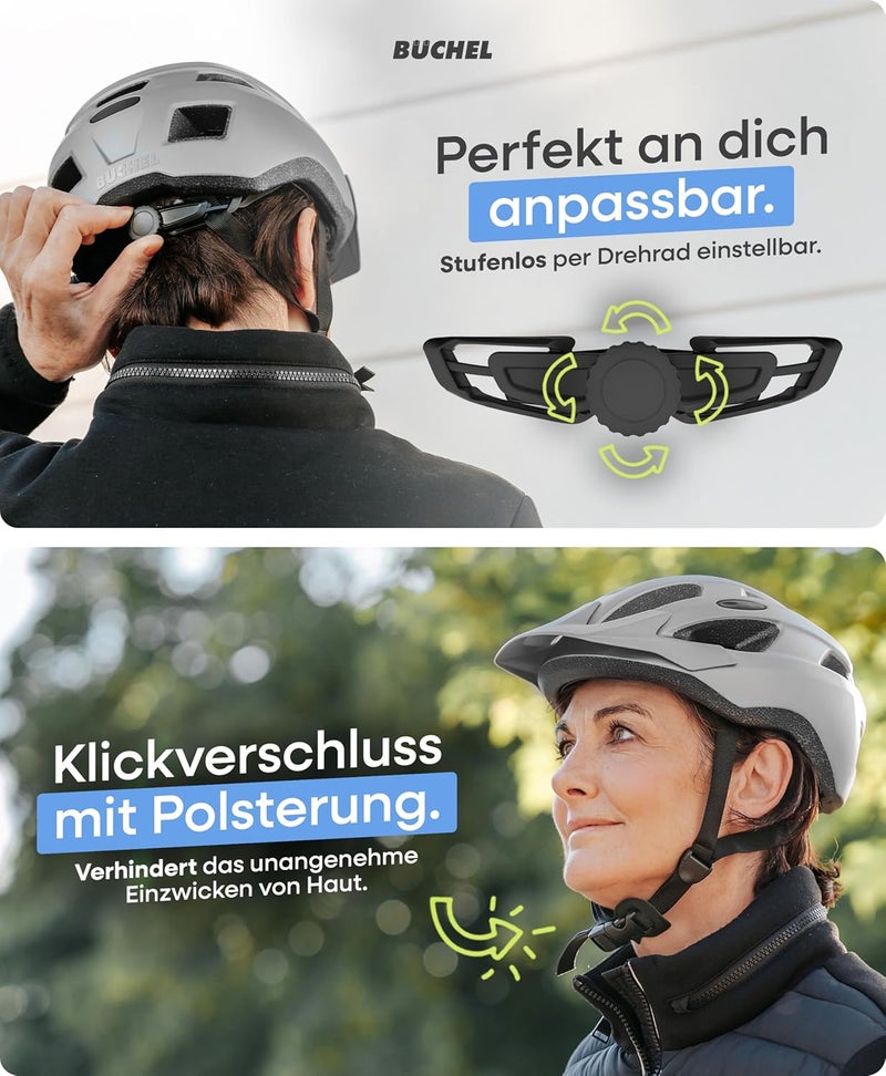 Büchel Bicycle Helmet with In-Mould Technology - Lightweight and Safe for Kids & Adults - Sizes M & L - Grey Matte - Image 4