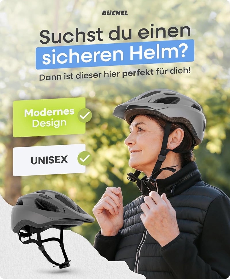 Büchel Bicycle Helmet with In-Mould Technology - Lightweight and Safe for Kids & Adults - Sizes M & L - Grey Matte - Image 2