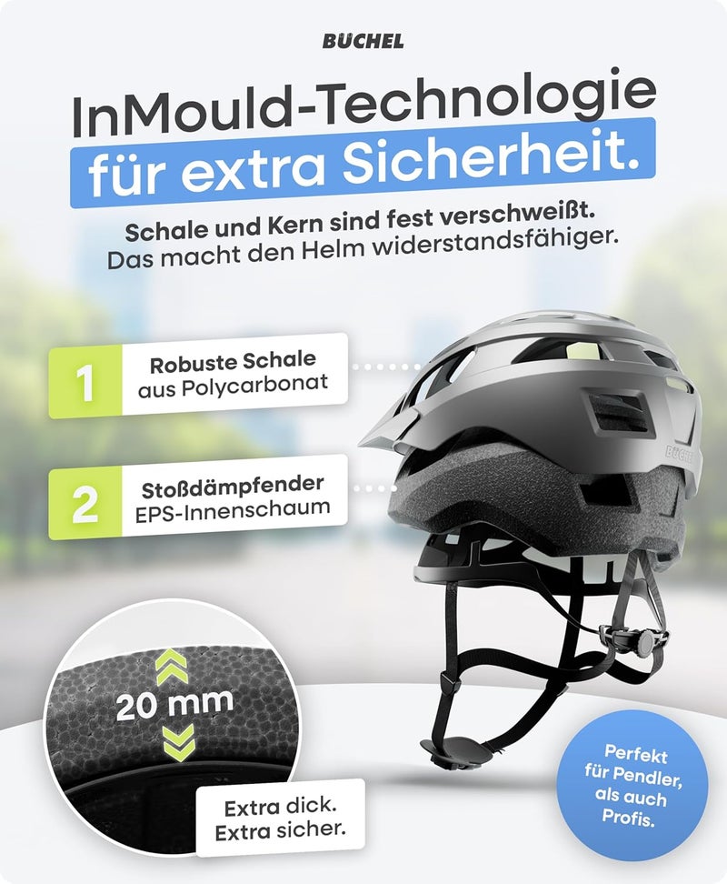 Büchel Bicycle Helmet with In-Mould Technology - Lightweight and Safe for Kids & Adults - Sizes M & L - Grey Matte - Image 5