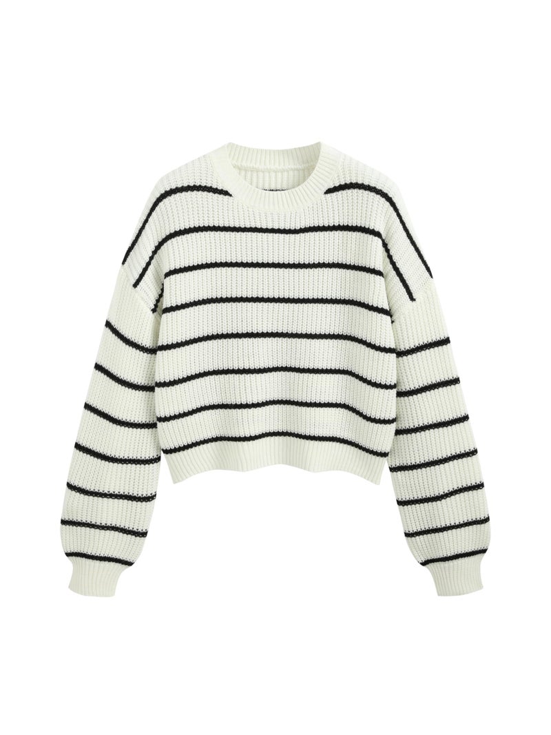 CIDER Womenâ€™s Cropped Striped Sweater Long Sleeve Crew Neck Trendy Pullover Tops: White, XL - Image 1
