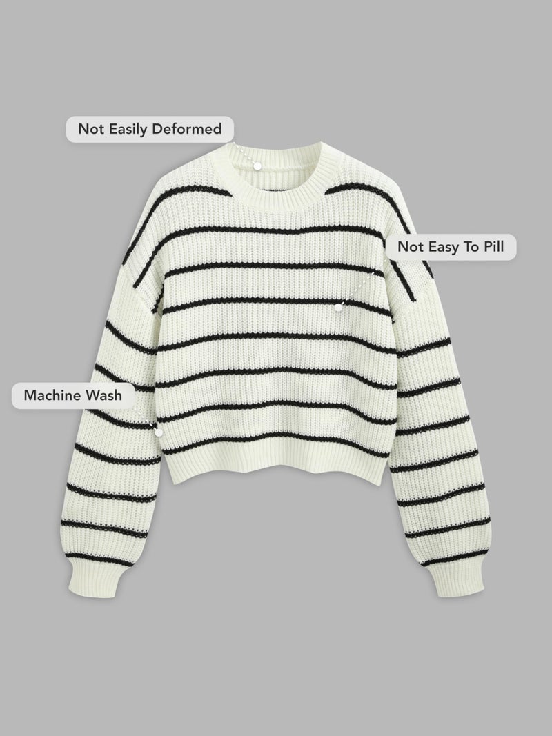 CIDER Womenâ€™s Cropped Striped Sweater Long Sleeve Crew Neck Trendy Pullover Tops: White, XL - Image 4