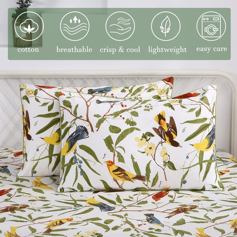 URBONUR 4Pcs Birds Sheets Set for Queen Bed, Farmhouse Green Leaves Pattern, Luxurious Egyptian Percale Cotton Bed Sheet Silky Smooth Breathable & Cooling Sheets Set Bedding Collection, Queen Size - Image 4