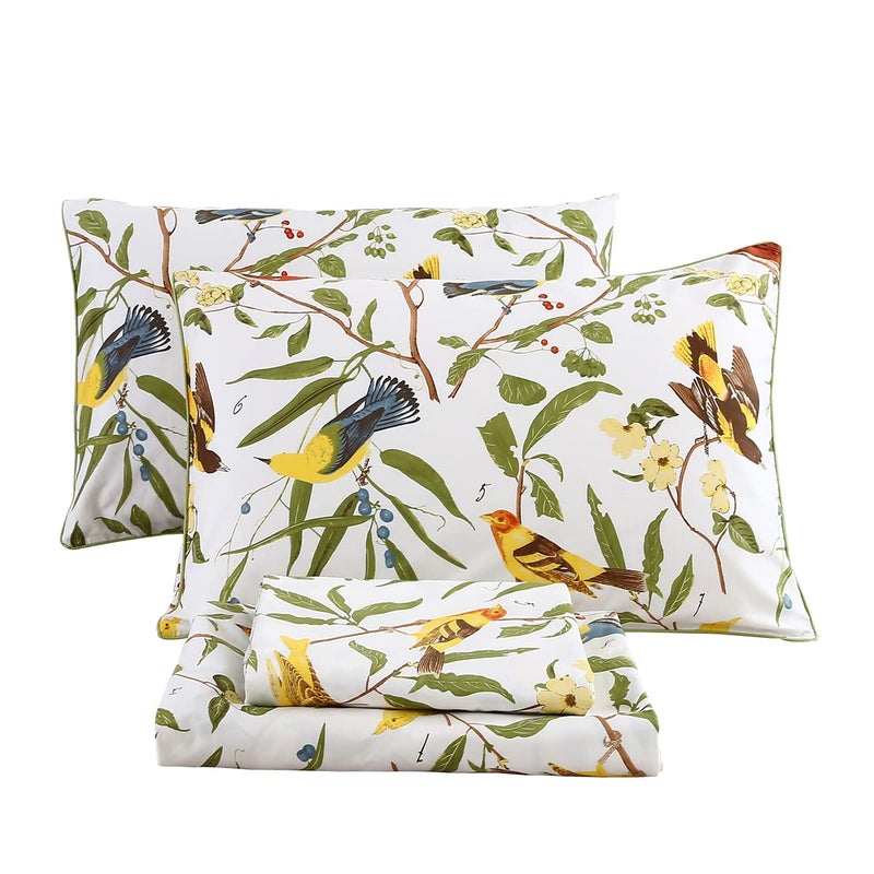 URBONUR 4Pcs Birds Sheets Set for Queen Bed, Farmhouse Green Leaves Pattern, Luxurious Egyptian Percale Cotton Bed Sheet Silky Smooth Breathable & Cooling Sheets Set Bedding Collection, Queen Size - Image 1