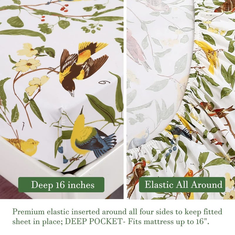 URBONUR 4Pcs Birds Sheets Set for Queen Bed, Farmhouse Green Leaves Pattern, Luxurious Egyptian Percale Cotton Bed Sheet Silky Smooth Breathable & Cooling Sheets Set Bedding Collection, Queen Size - Image 5