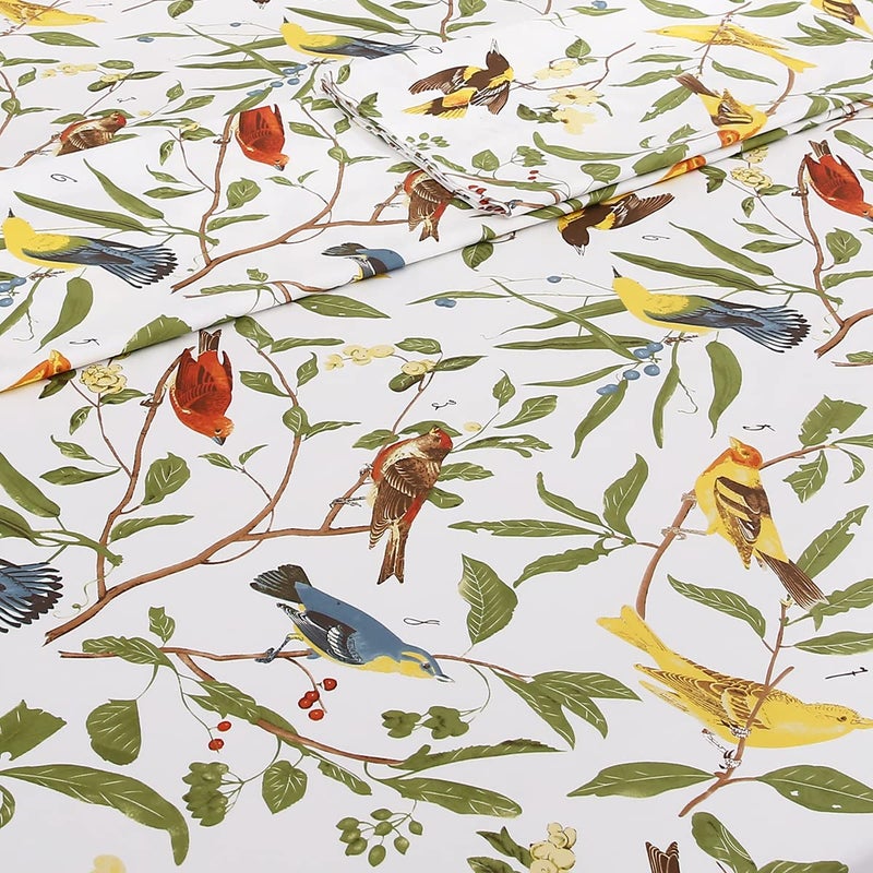 URBONUR 4Pcs Birds Sheets Set for Queen Bed, Farmhouse Green Leaves Pattern, Luxurious Egyptian Percale Cotton Bed Sheet Silky Smooth Breathable & Cooling Sheets Set Bedding Collection, Queen Size - Image 3