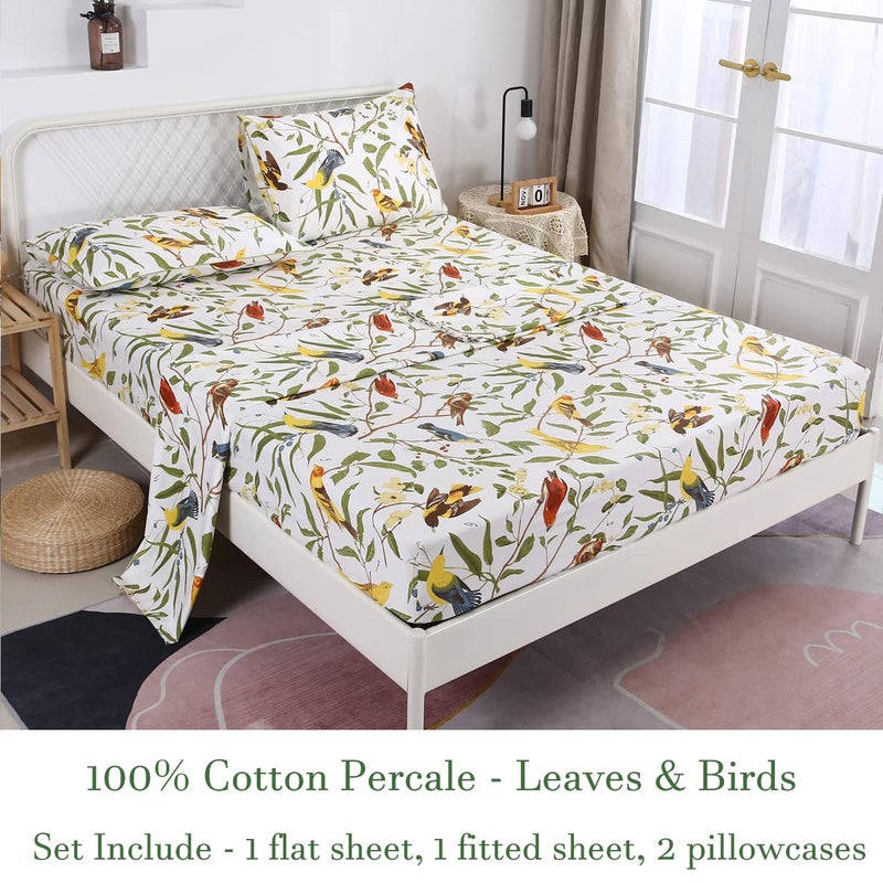 URBONUR 4Pcs Birds Sheets Set for Queen Bed, Farmhouse Green Leaves Pattern, Luxurious Egyptian Percale Cotton Bed Sheet Silky Smooth Breathable & Cooling Sheets Set Bedding Collection, Queen Size - Image 2