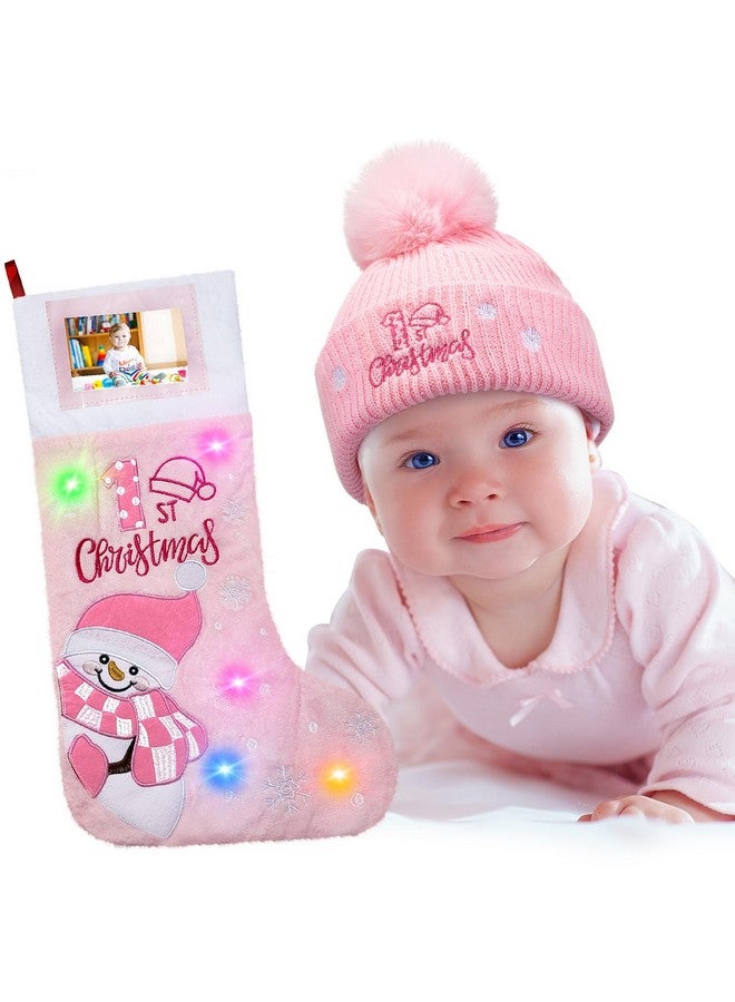 Shinymoon Baby's First Christmas Stocking and Hat Set with LED Lights 2024 Baby Christmas Stockings with Picture Frame Santa Hats Xmas Supplies(Pink,Classic) - Image 1