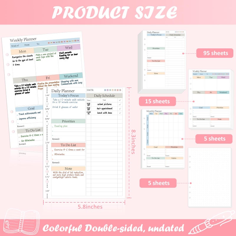 OKWUYiK ADHD Planner Refill Pages for A5 Binders Planner Inserts Daily Weekly Monthly 120 Sheets/240 pages for 6 Ring Binder Undated Planners Refills Colorful To Do List Refill Paper 120 GSM Thick Loose Leaf Paper for 3 Months Neurodivergent Journal Productivity Adults 5.8" x 8.3" - Image 2