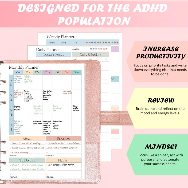 OKWUYiK ADHD Planner Refill Pages for A5 Binders Planner Inserts Daily Weekly Monthly 120 Sheets/240 pages for 6 Ring Binder Undated Planners Refills Colorful To Do List Refill Paper 120 GSM Thick Loose Leaf Paper for 3 Months Neurodivergent Journal Productivity Adults 5.8" x 8.3" - Image 4