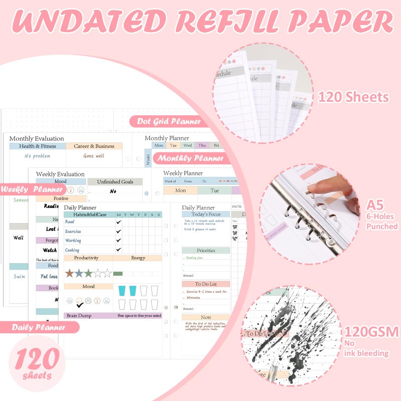 OKWUYiK ADHD Planner Refill Pages for A5 Binders Planner Inserts Daily Weekly Monthly 120 Sheets/240 pages for 6 Ring Binder Undated Planners Refills Colorful To Do List Refill Paper 120 GSM Thick Loose Leaf Paper for 3 Months Neurodivergent Journal Productivity Adults 5.8" x 8.3" - Image 3