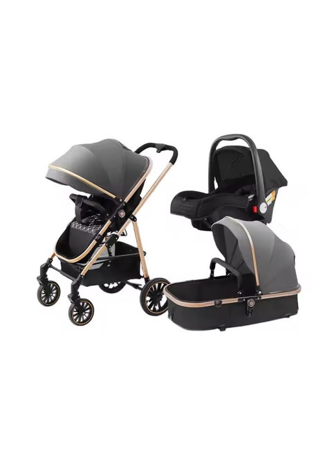 Luxury multi-functional stroller, includes a carrycot and a baby car seat. The design is elegant in black with touches giving it a modern and luxurious look.