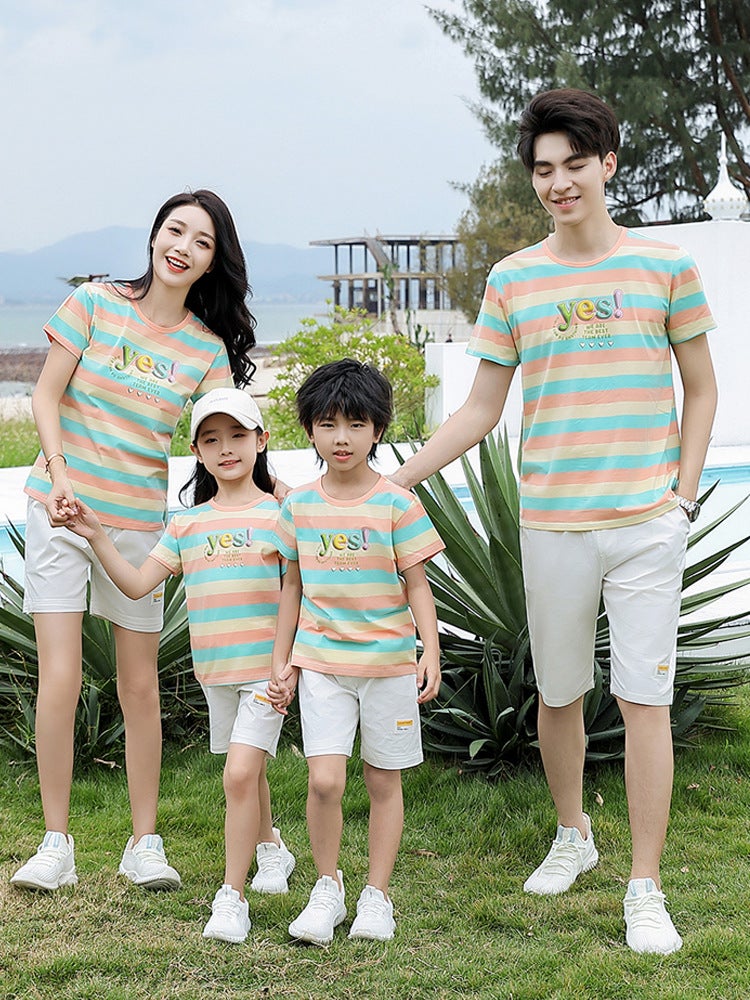 Internet Celebrity 2025 Family Summer Clothing Stripesd Short-Sleeved T-Shirt For A Family Of Three, Four And Five Pure Cotton Mother And Child Suit - Image 4