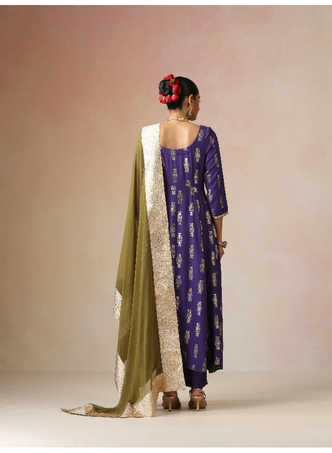 ترو برونز trueBrowns Purple Gold Foil Print Muslin Silk Anarkali Kurta Pants Dupatta Set