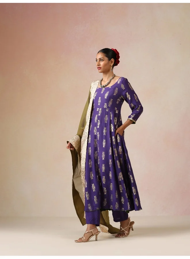 ترو برونز trueBrowns Purple Gold Foil Print Muslin Silk Anarkali Kurta Pants Dupatta Set