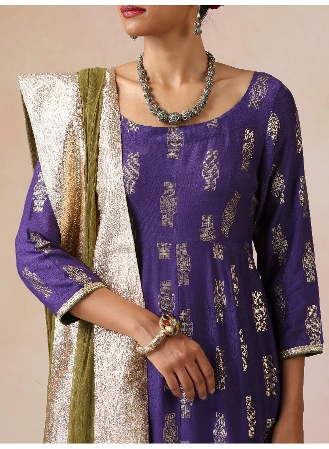 ترو برونز trueBrowns Purple Gold Foil Print Muslin Silk Anarkali Kurta Pants Dupatta Set