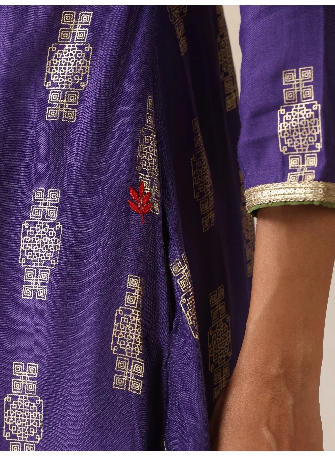 ترو برونز trueBrowns Purple Gold Foil Print Muslin Silk Anarkali Kurta Pants Dupatta Set