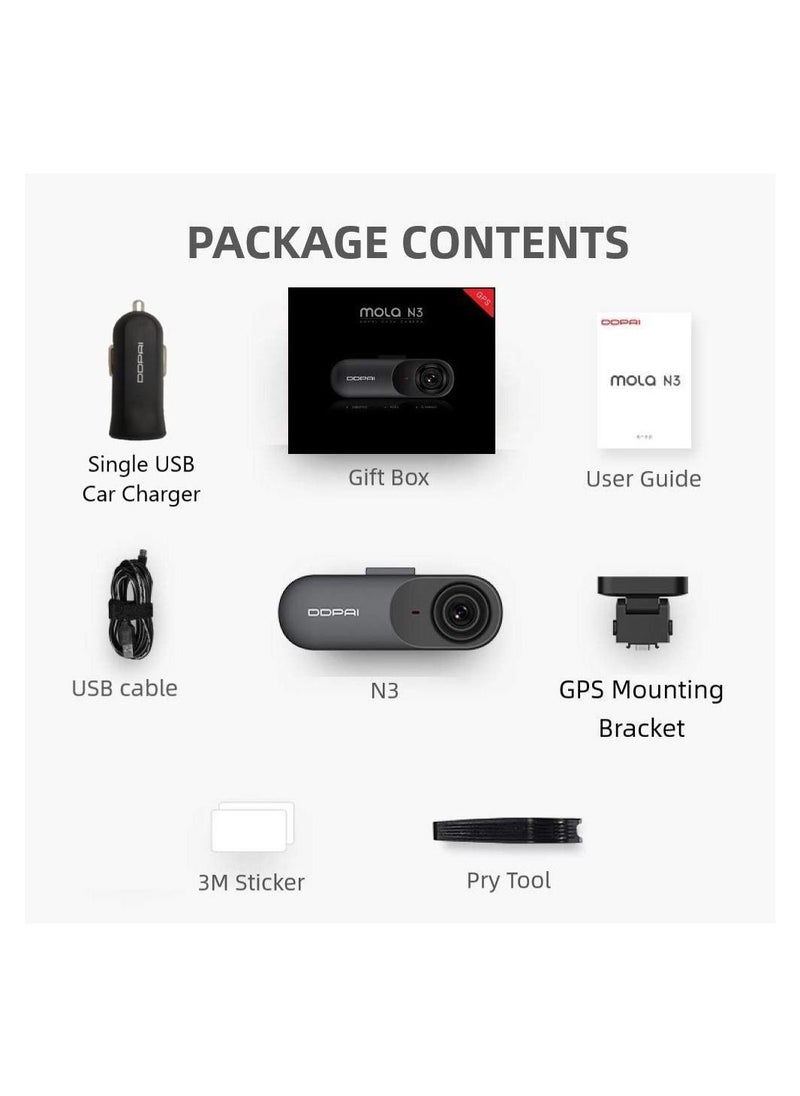 ddpai - Dash Cam Mola N3 Pro GPS Front Dash Cam 1600P, 2K Dash Cam Recorder Front Car Accident Dashboard Camera for Car, Infrared Night Vision,GPS Logging, 24hr Parking Mode, App Wi-Fi,128GB max - Image 1