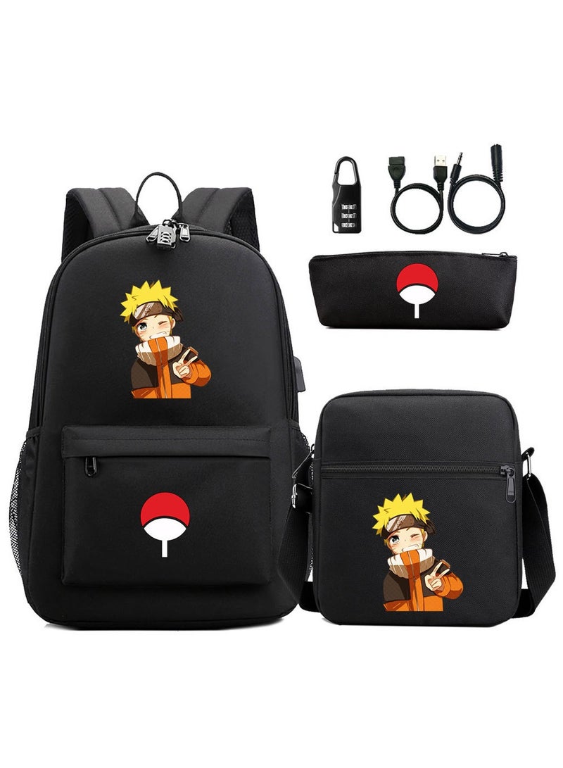 Naruto USB password lock youth student backpack three piece set for men and women backpack set 