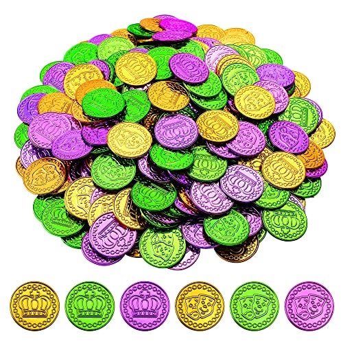 ADXCO 288 Pieces Mardi Gras Coins Bulk Mardi Gras Plastic Coins Play Money for Mardi Gras Carnival Party Decorations Supplies Gold Purple Green - Image 1