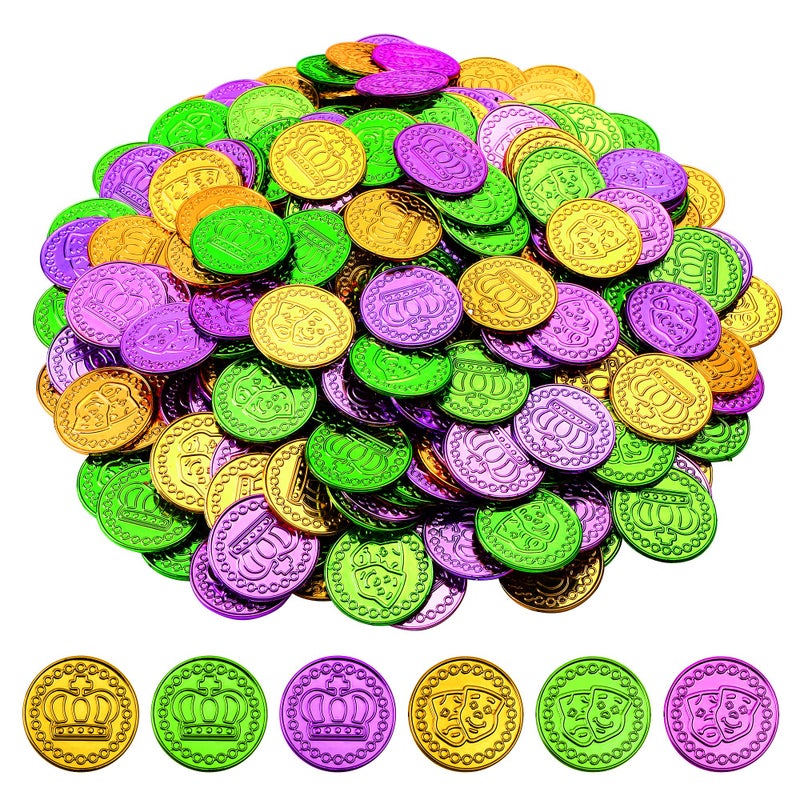 ADXCO 288 Pieces Mardi Gras Coins Bulk Mardi Gras Plastic Coins Play Money for Mardi Gras Carnival Party Decorations Supplies Gold Purple Green - Image 3