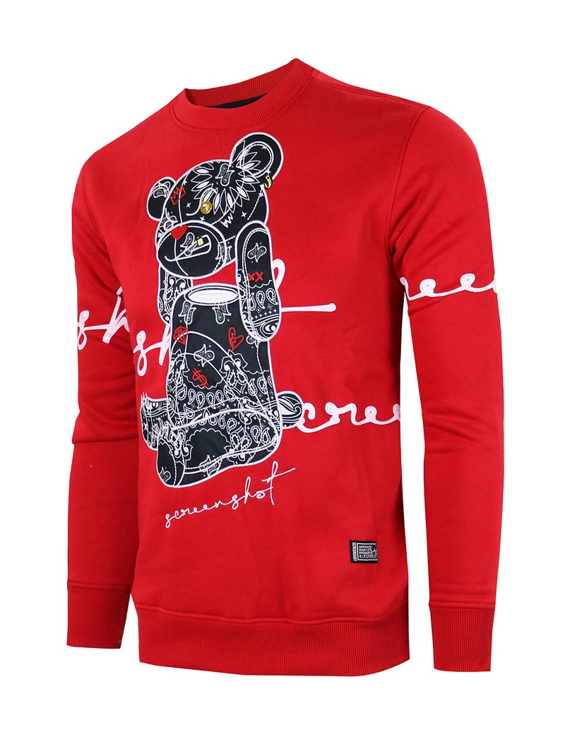 SCREENSHOT-F1122 Mens Urban Hip Hop Premium Fleece - Head Lifting Paisley Cartoon Teddy Bear Crew Neck Streetwear Sweatshirt-Red-Medium - Image 1