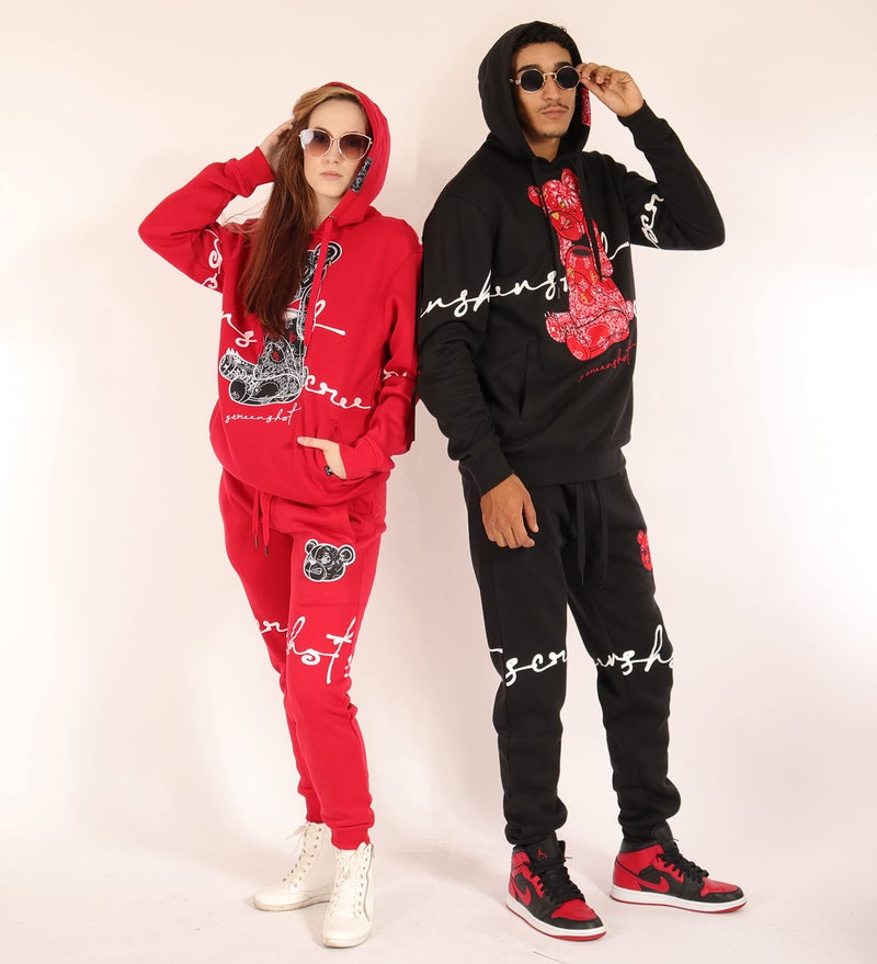 SCREENSHOT-F1122 Mens Urban Hip Hop Premium Fleece - Head Lifting Paisley Cartoon Teddy Bear Crew Neck Streetwear Sweatshirt-Red-Medium - Image 3