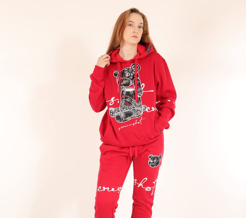SCREENSHOT-F1122 Mens Urban Hip Hop Premium Fleece - Head Lifting Paisley Cartoon Teddy Bear Crew Neck Streetwear Sweatshirt-Red-Medium - Image 2