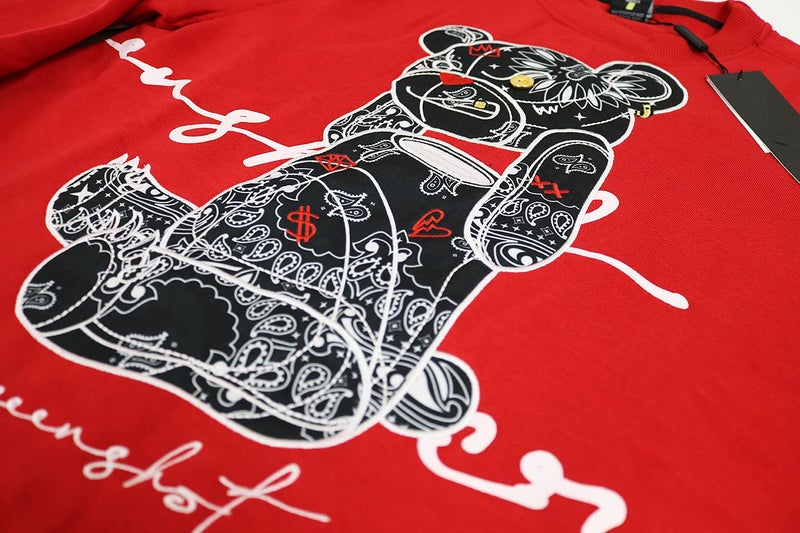 SCREENSHOT-F1122 Mens Urban Hip Hop Premium Fleece - Head Lifting Paisley Cartoon Teddy Bear Crew Neck Streetwear Sweatshirt-Red-Medium - Image 5
