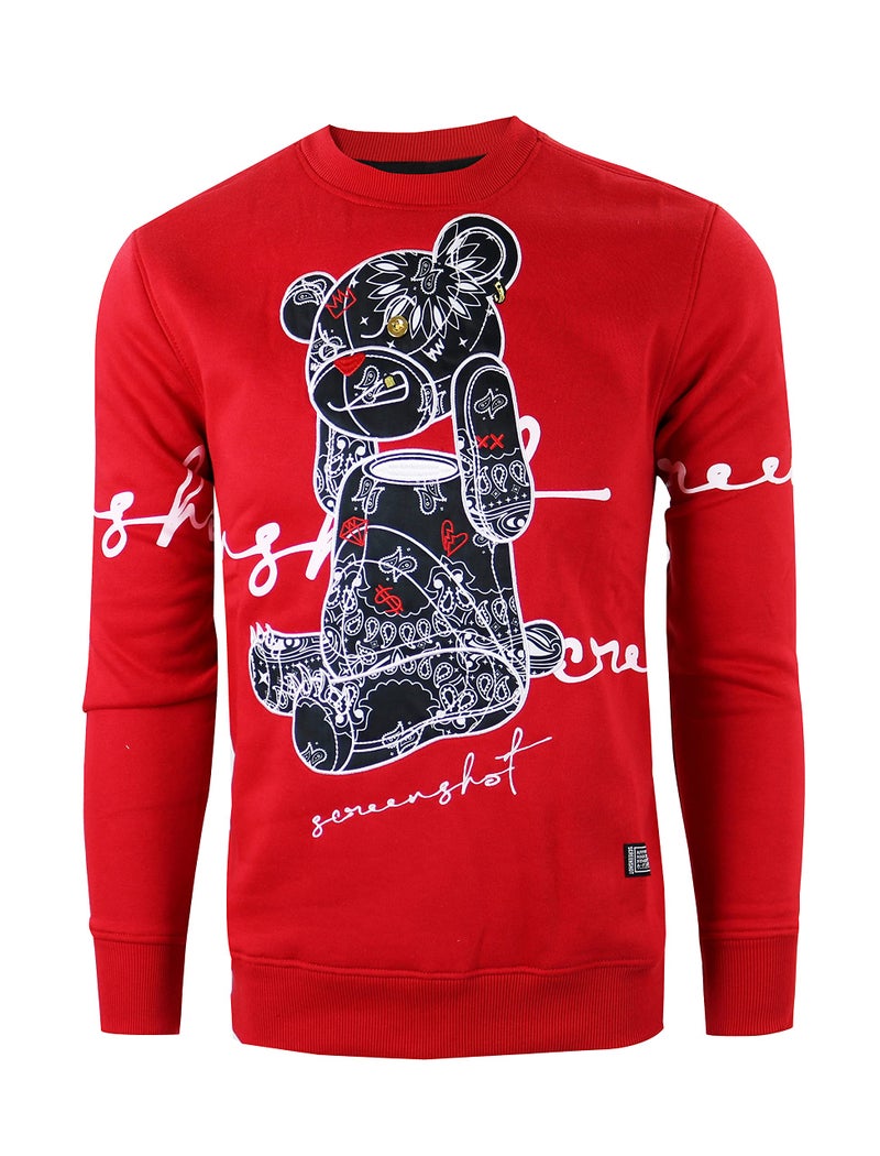 SCREENSHOT-F1122 Mens Urban Hip Hop Premium Fleece - Head Lifting Paisley Cartoon Teddy Bear Crew Neck Streetwear Sweatshirt-Red-Medium - Image 4
