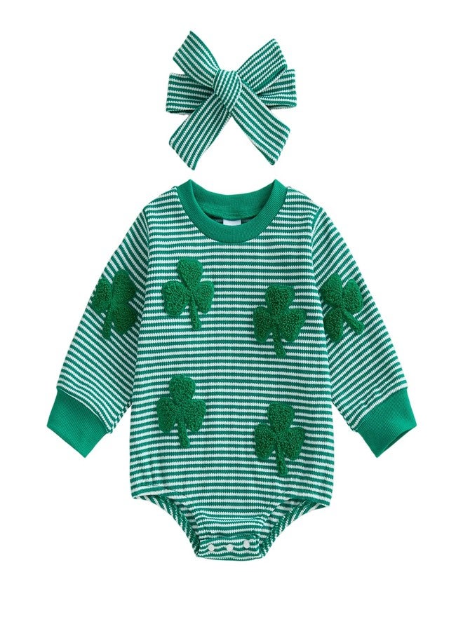 Amnnchya Baby Girl Boy St Patricks Outfit Newborn Clover Stripes Waffle Romper Toddler Infant Kids St Patricks Sweathsirts (Green Jumpsuit, 0-3 Months) - Image 1