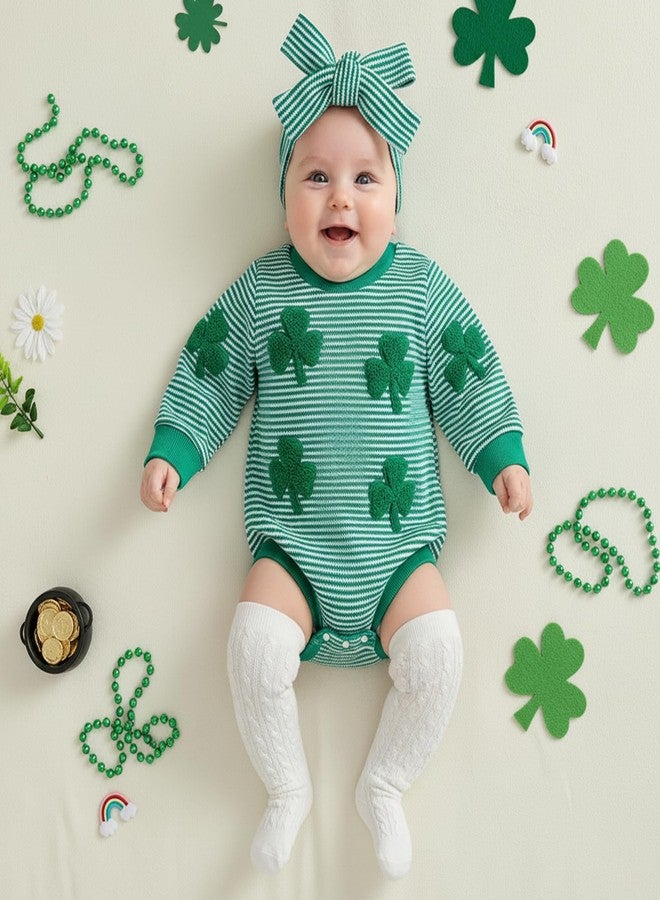 Amnnchya Baby Girl Boy St Patricks Outfit Newborn Clover Stripes Waffle Romper Toddler Infant Kids St Patricks Sweathsirts (Green Jumpsuit, 0-3 Months) - Image 4