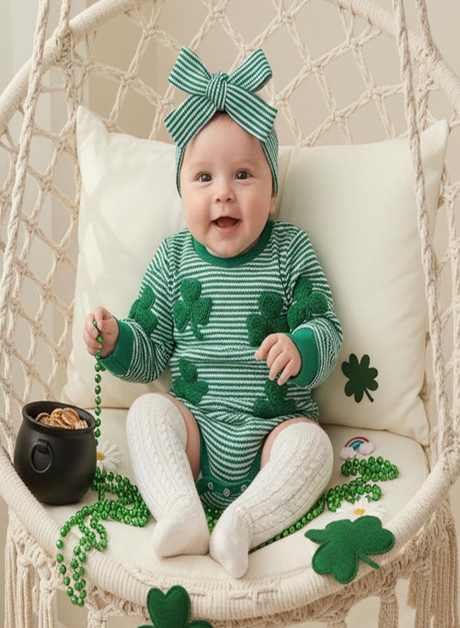 Amnnchya Baby Girl Boy St Patricks Outfit Newborn Clover Stripes Waffle Romper Toddler Infant Kids St Patricks Sweathsirts (Green Jumpsuit, 0-3 Months) - Image 3