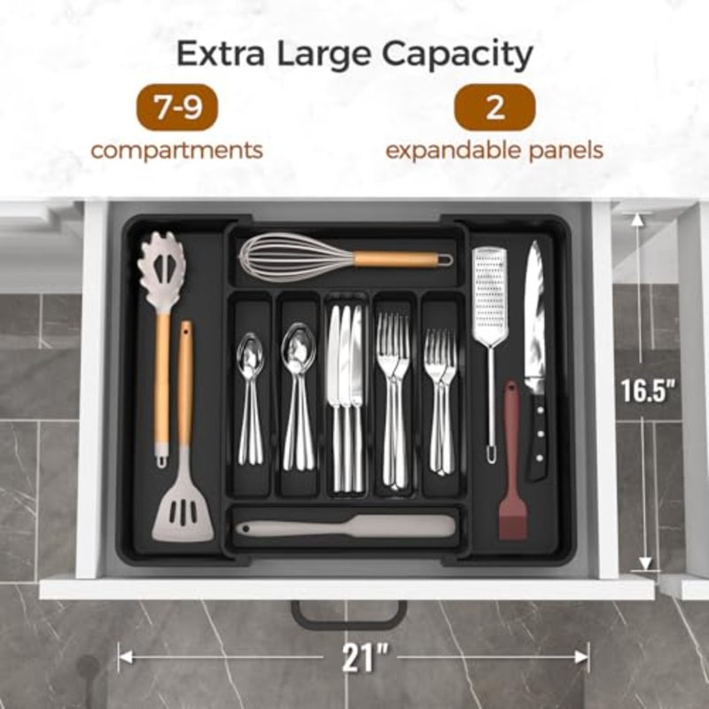 Extra Large Expandable Silverware Organizer, BPA-Free Food-Safe Cutlery Flatware Organizer, Kitchen Utensil Drawer Organizer, Adjustable Silverware Holder for Spoons Forks Knives - Image 2