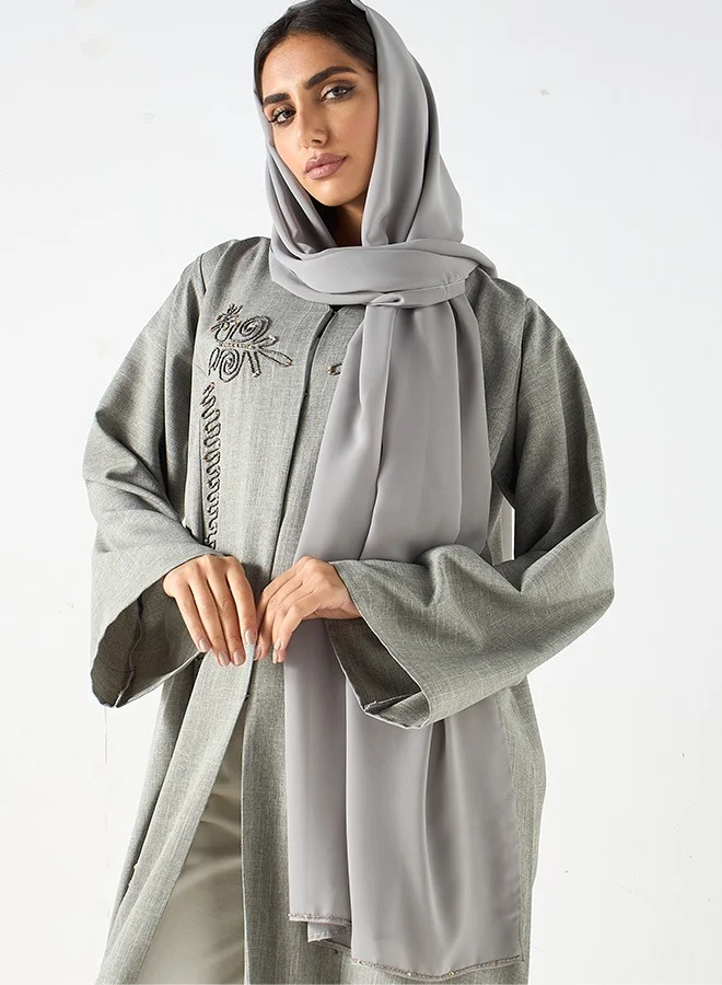 JAMEELA Grey textured floral placement embroidered Abaya