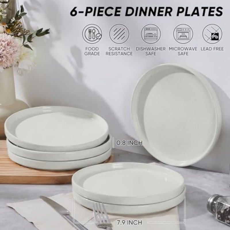 7.9 Inch Ceramic Dinner Plates, 6-Piece Stoneware Salad Plates with Raised Edges, Chip and Scratch Resistant Microwave and Dishwasher Safe Dessert Dishes for Appetizer Salad - Image 2