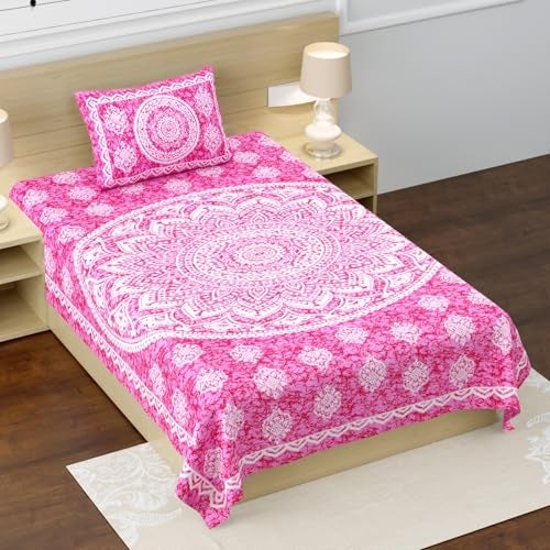 RajasthaniKart® Pure 100% Cotton Single Bed Sheet with 1 Pillow Cover (Bedsheet for Single Bed Cotton, Pink Star) - Image 1