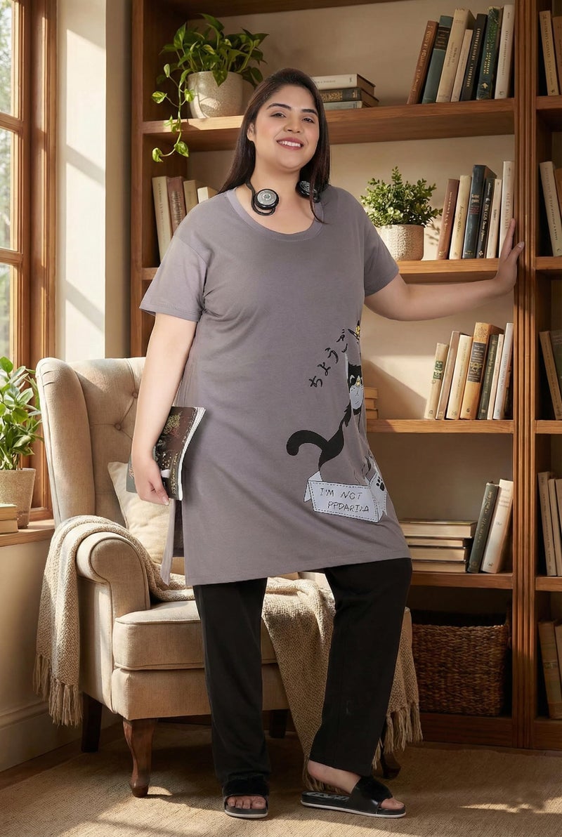 In Love Women Cotton Regular Fit Plus Size Long-Line Chest Print T-Shirt With Pocket, Grey - Image 5