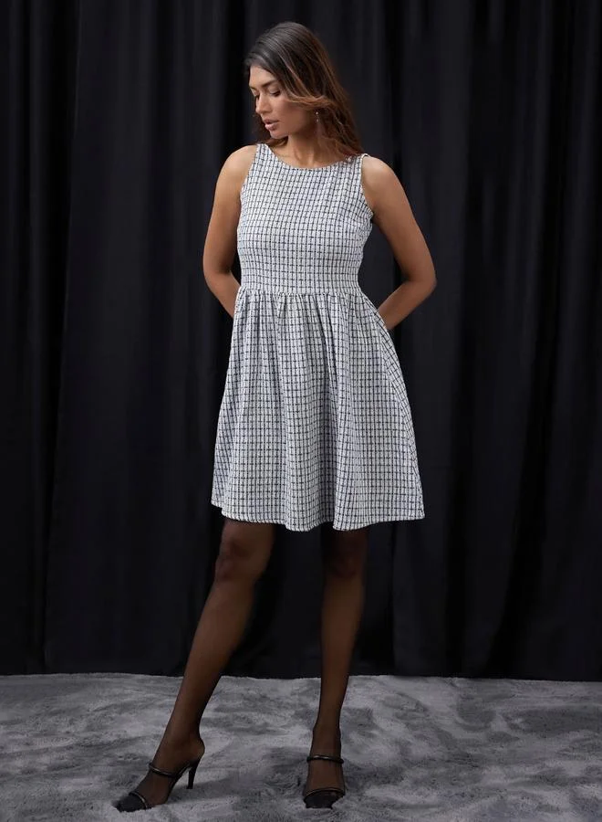 globus Grey Checked Boat Neck Sleeveless Mini Dress